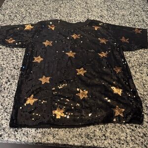 Black Sequin Long-Sleeve Dress with Gold Star Embellishments